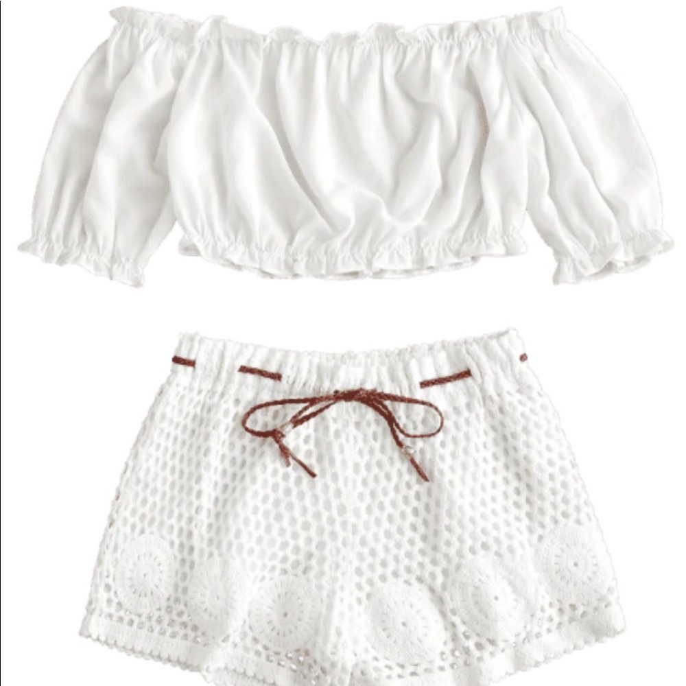 off the shoulder and crochet shorts set